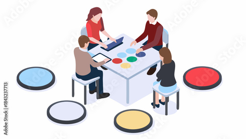 Isometric view of four people sitting around a table with laptops and colored circles on the table top