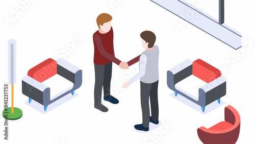 Isometric view of two people shaking hands in an office setting with chairs and a standing lamp present