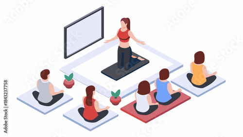 Isometric view of a yoga instructor leading a class with students in a studio with a screen behind her