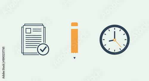 A set of three flat design icons representing a completed task a pencil and a clock for time management.