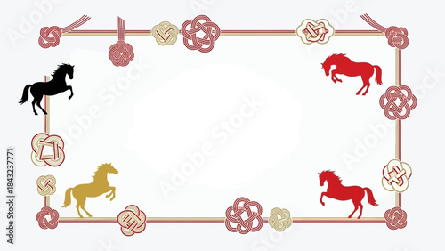 New Year's Artistry: A vibrant festive frame, with colorful horse silhouettes and traditional decorations, embodies the spirit of a new year.