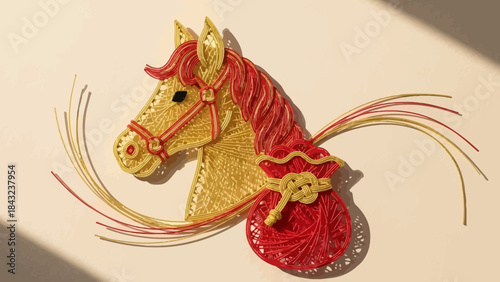 Golden Horse Artwork: A detailed, artistic creation showcasing a horse head, expertly crafted with golden and red threads, reflecting intricate design and artisanal skill.