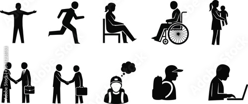 Vector set of black silhouettes of people, including student, business, and party groups, ideal for icon, pictogram, and symbol illustrations