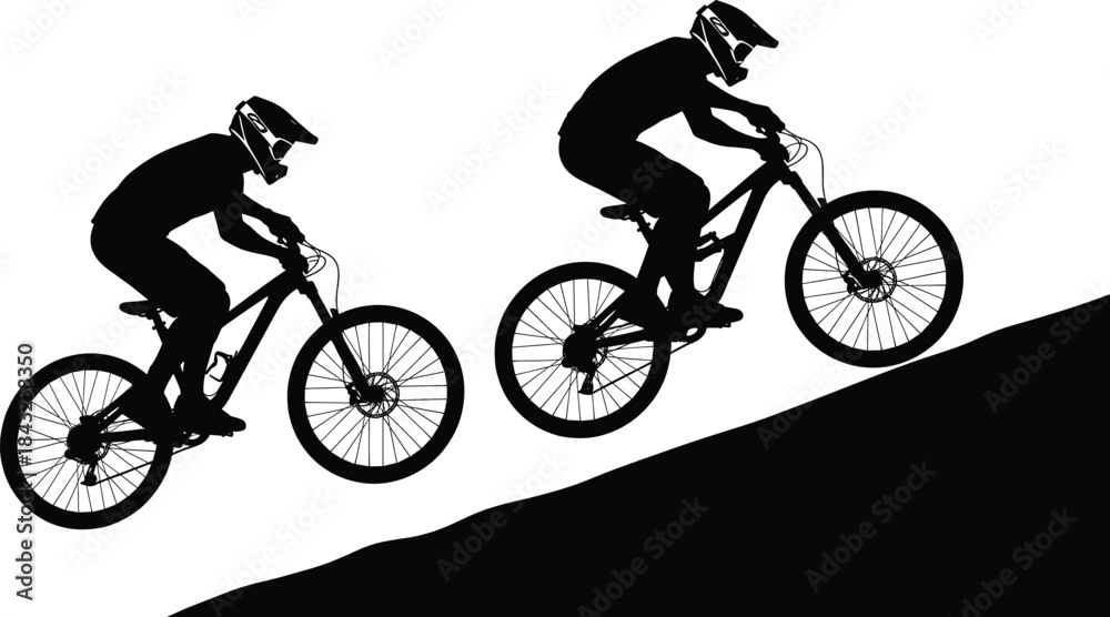 Obraz premium Silhouette mountain biker riding uphill on rugged terrain with helmet, showing motion, strength, endurance, outdoor adventure and physical effort