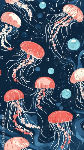 Mesmerizing underwater world seamless pattern featuring graceful jellyfish swimming in ocean depths.