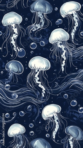 Vibrant underwater jellyfish pattern design showcasing marine life in seamless repetition.