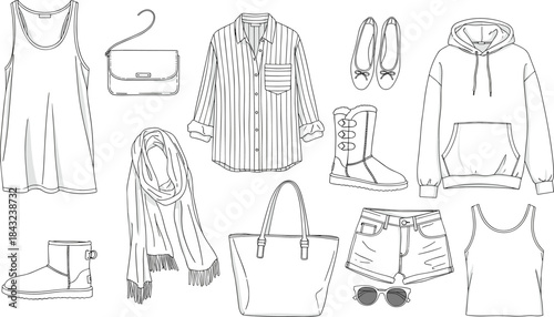 Women’s fashion illustration set, clothing and accessories sketch, seasonal outfit drawing, style reference art, flat vector line design