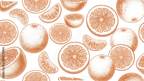 Orange fruit illustration set, hand-drawn citrus sketch, vintage food drawing, botanical slice art, flat vector sepia design