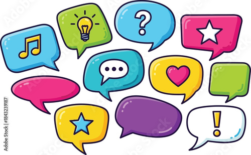 Set of colorful cartoon speech bubble icons with smiles for social media talk design