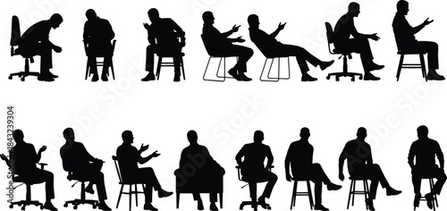 Business man sitting chair silhouette set, working talking relaxing figures diverse pose collection, male office meeting vector illustration graphic element isolated.
