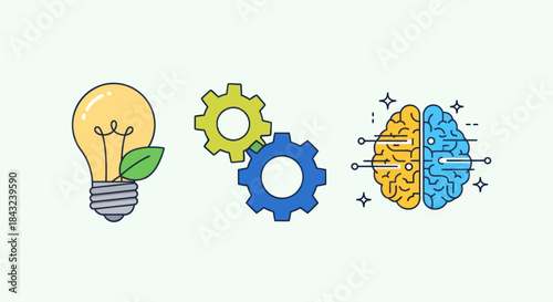 Lightbulb with Leaf Interlocking Gears and Brain Halves Illustration.