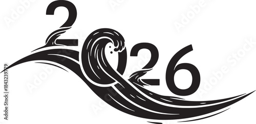Year 2026 with ocean wave design, creative new year typography in black calligraphic style for celebration and greeting card.
