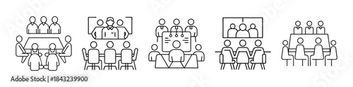 Business meeting and conference people group icons lineart set