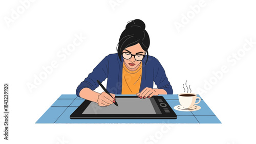 Female graphic designer working on drawing tablet vector illustration