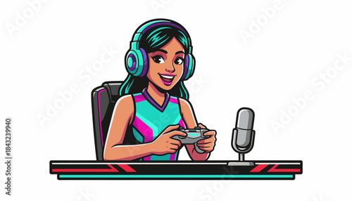 Happy gamer girl streaming with headset and controller vector illustration
