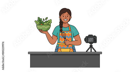 Woman recording cooking video for food blog vector illustration