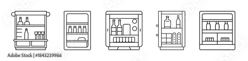 Refrigerator and fridge icon set with various drinks, food inside