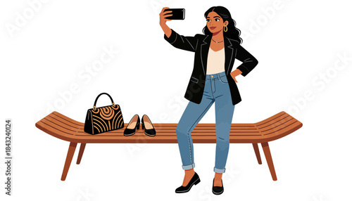 Fashionable woman taking a selfie on modern bench vector illustration