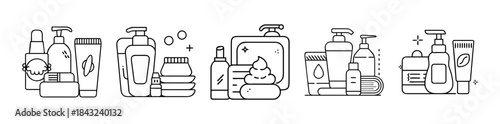 Personal care and cosmetic products line art icon set design