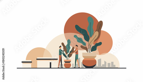 Teamwork Nurturing Potted Plants in a Green Urban Setting