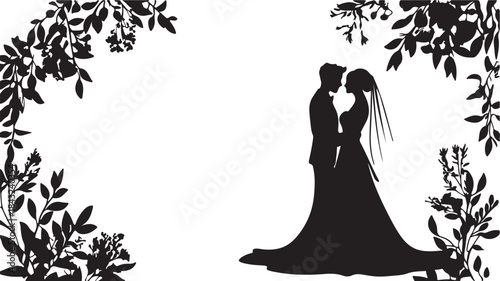 Silhouette of the bride and groom at their wedding ceremony with a bouquet