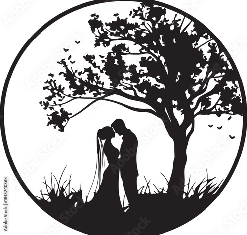 Silhouette of a couple kissing under a tree in nature showing their love