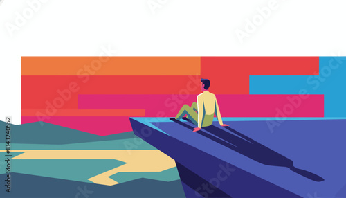 Man Contemplating Vibrant Abstract Landscape from Cliff Edge