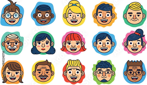Set of colorful cartoon Russian doll vector avatars showing different human emotions like smile, sad, and angry expressions