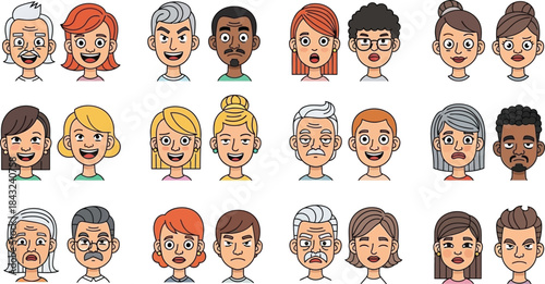 Funny cartoon vector set of people avatars with smile and angry expressions