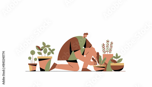 Young Man Tending Potted Houseplants in Modern Flat Illustration