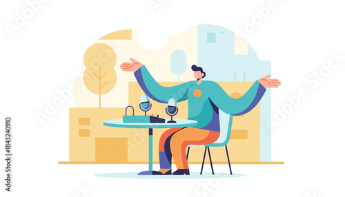 Podcast Host Presenting with Microphones and Mixer Illustration