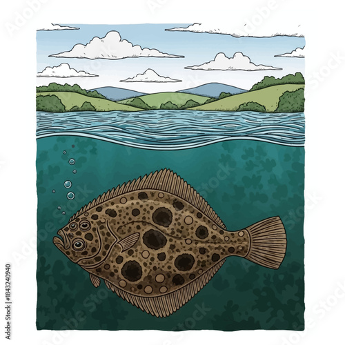 Flounder halibut Flatfish with spotted camouflage swimming fishing illustration vector image t shirt