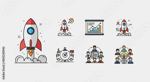 Startup Business Growth and Teamwork Vector Icon Set.