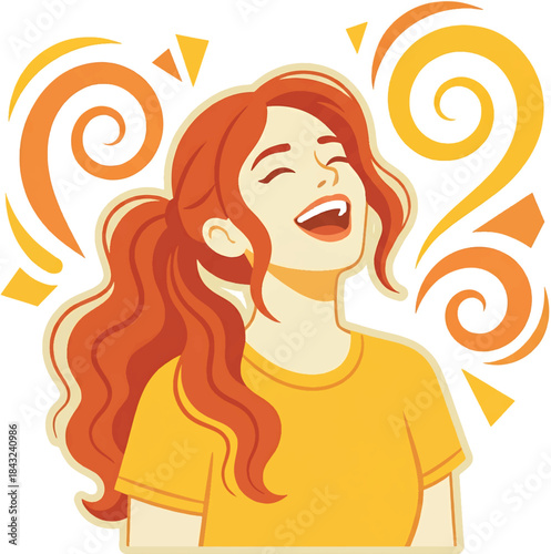 Dynamic illustration of a cheerful young woman bursting with joyous laughter, vibrant energy
