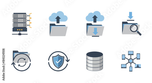 A collection of flat design icons representing data management cloud storage server hosting and network security concepts.