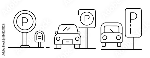 Outline icons of cars, parking signs, and parking meter for digital design.