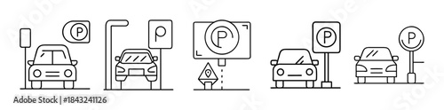 Car parking area sign and car vehicle line art icons set