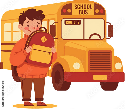 Eager student with backpack standing by a classic school bus, ready for the academic day.