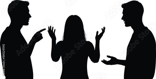 Silhouette of three people arguing, discussing, expressing emotion with hand gestures, conflict communication concept for vector illustration and design.