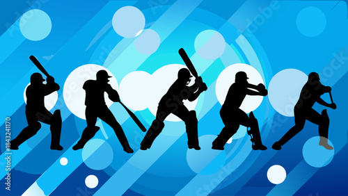 Cricket batsman silhouettes five different batting stances dynamic blue background sports action game competition
