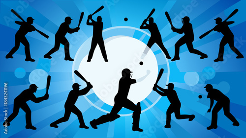 Cricket sport silhouettes batting fielding action dynamic blue background sports graphic design template