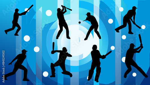 Cricket sport silhouettes batting action players dynamic blue background abstract graphic design illustration