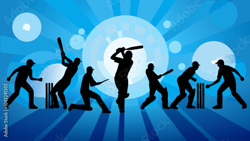 Cricket players silhouettes batting bowling fielding wickets sport game action competition team match dynamic blue background