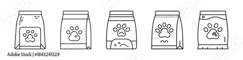 Pet food bags line art icons with paw print design set