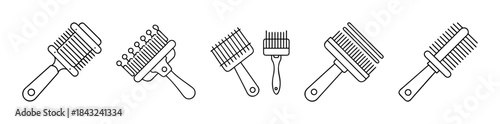 Various brushes and combs line art icons for grooming tools