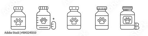 Pet medicine bottles with paw print labels vector outline icons