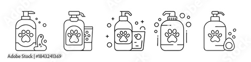 Pet shampoo bottle line art icon set with paw print design