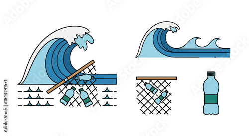 Ocean waves crashing with plastic pollution and fishing net debris.