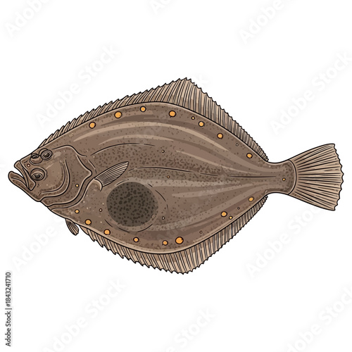 European plaice flatfish halibut flounder illustration with orange spots on its speckled brown skin