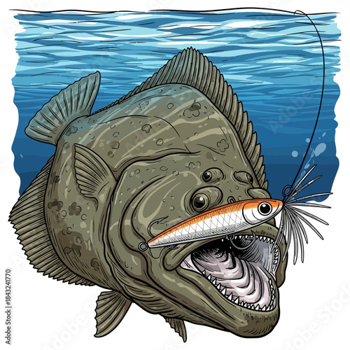 Large flatfish flounder halibut hooked on fishing lure underwater illustration